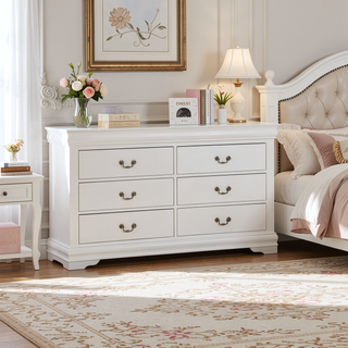 Sunvega Ryla White Solid Wood Wide Dresser with Six Drawers and Nickel Handles