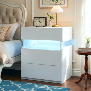 Sunvega LED Nightstand with Acrylic Board and RGB Lights 3 Drawer Bedside Table