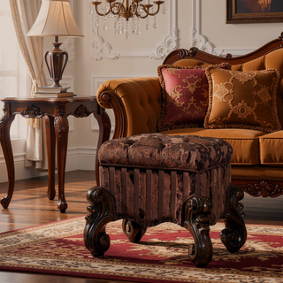 Sunvega Brown and Cherry Oak Vanity Stool with Nailhead Trim and Button Tufted Seat