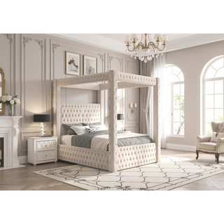 Sunvega Modern Ivory Upholstery Fabric Nightstand with Faux Marble Top