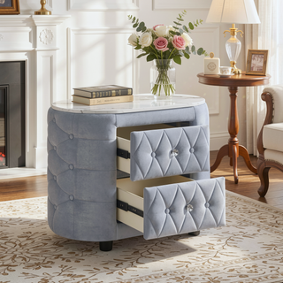 Sunvega Modern Fabric Upholstery Nightstand with Faux Marble Top and Two Storage Drawers