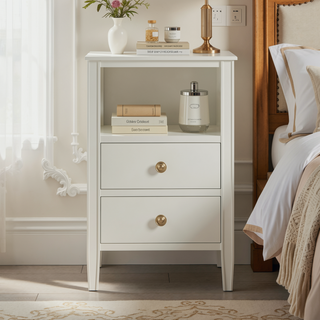 Sunvega Antique White Winston 2-Drawer Nightstand with Open Shelf and Fluted Legs