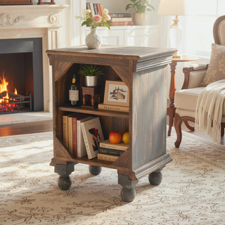 Sunvega Antique Grey Wood Nightstand with Carved Pattern for Bedroom