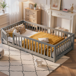 Sunvega Twin Size Floor Bed with Safety Guardrails and Door for Kids in Natural