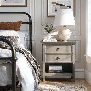 Sunvega Handcrafted Solid Wood Farmhouse Grey Bedside Table with Drawers