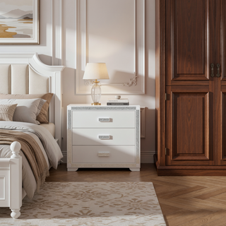 Sunvega White Nightstand with Integrated Speaker Cooler Insert and Glitter Detailing
