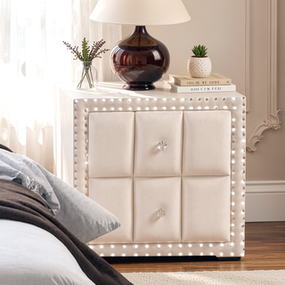 Sunvega Beige Contemporary Nightstand with Crystal Knobs and Vertical Tufting