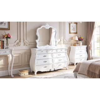 Sunvega Pearl White Dresser with Ornate Carvings and Spacious Storage Drawers