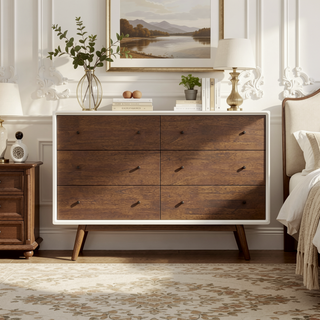 Sunvega Mid Century Modern White Dresser 6 Drawer Solid Wood Storage for Bedroom