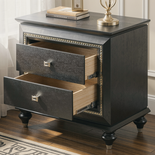 Sunvega Transitional Metallic Gray Finish Nightstand with Two Storage Drawers and Crystal Trim