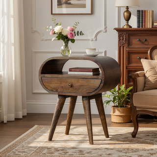 Sunvega Solid Wood Grey Washed Circular Bedside Table with 1 Drawer and Open Slot