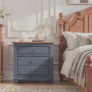 Sunvega 3-Drawer Nightstand with Corduroy Blue Finish and Antique Pewter Hardware