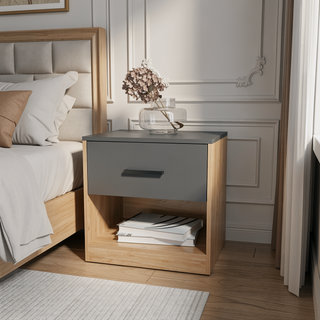 Sunvega Natural Oak and Matt Grey Nightstand with 1-Drawer and Open Shelf