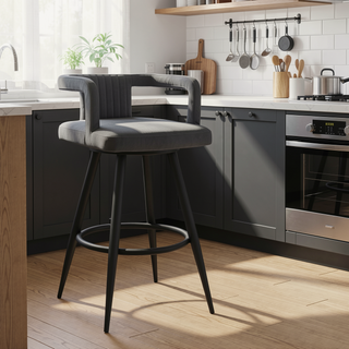 Sunvega Gray Faux Leather and Black Metal Swivel Bar Stool with Footrest