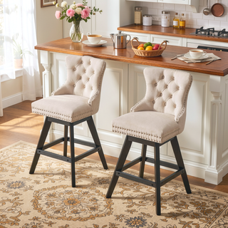 Sunvega Swivel Velvet Barstools with Button Tufted Back and Chrome Nailhead Trim