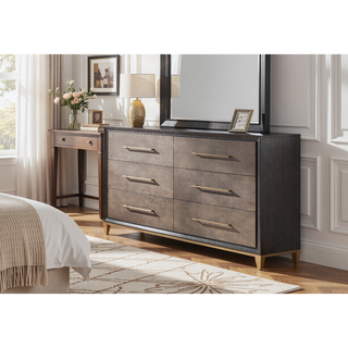 Sunvega Contemporary Dark Wood Nightstand with Brushed Gold Hardware and Tapered Legs