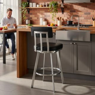 Sunvega 30 Inch Swivel Bar Stool with Black Faux Leather and Brushed Stainless Steel