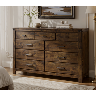 Sunvega Rustic Brown Two Drawer Nightstand with Sleek Metal Handles for Bedroom