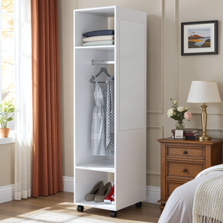 Sunvega Benson Wardrobe with Mirror and Open Storage on Wheels for Bedroom