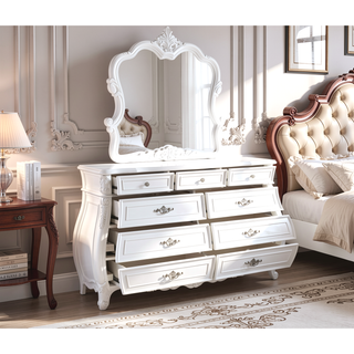 Sunvega Pearl White Dresser with Ornate Carvings and Spacious Storage Drawers