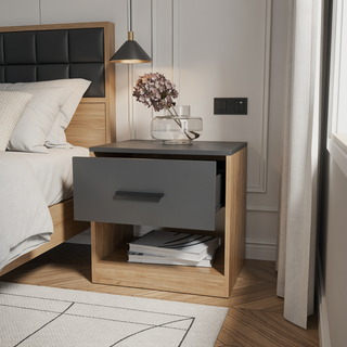 Sunvega Natural Oak and Matt Grey Nightstand with 1-Drawer and Open Shelf