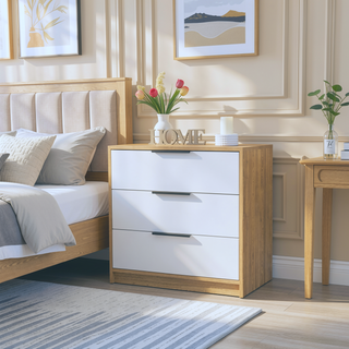 Sunvega White and Light Oak Three Drawer Dresser with Modern Natural Touch