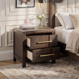 Sunvega Modern Walnut 2-Drawer Nightstand with Gold Handles for Bedroom