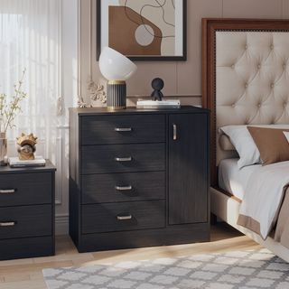 Sunvega Modern Black Dresser with Four Drawers and One Cabinet Door for Bedroom Storage