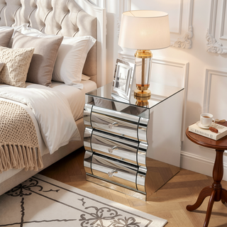 Sunvega Modern Handcraft Mirror Nightstand with 3 Drawers for Bedroom Silver