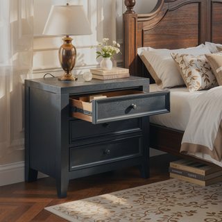 Sunvega Black 3-Drawer Nightstand with USB Port and Classic Metal Knobs