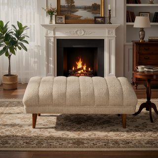 Sunvega Cream Boucle Puffer Bench with Curved Top and Nordic Legs for Living Room