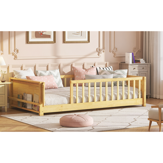 Sunvega Twin Size Floor Bed with Built-in Book Rack and Revolving Door for Kids