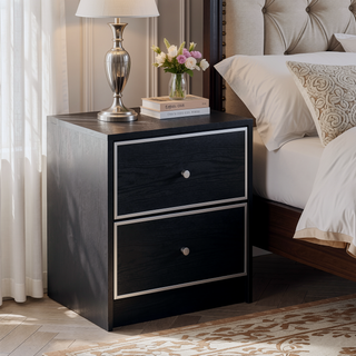 Sunvega Modern Black and Silver 2-Drawer Nightstand with Smooth Metal Glides
