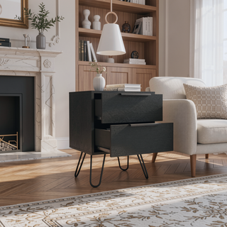 Sunvega Nightstand with Two Drawers and Four Steel Hairpin Legs