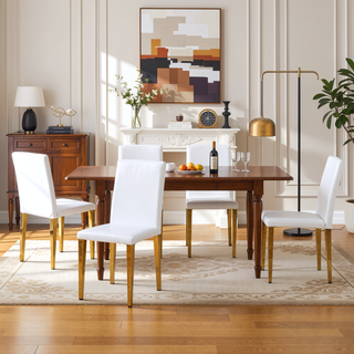 Sunvega Set of 4 White PU Leather Dining Chairs with Golden Metal Legs and Ergonomic Backrest