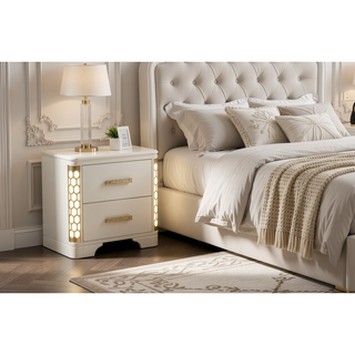 Sunvega Beige Wood Nightstand with Side LED Lighting and Spacious Drawers