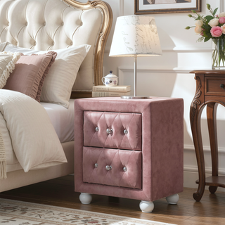 Sunvega Pink Fabric Upholstered Nightstand with Two Storage Drawers and Crystal Knobs