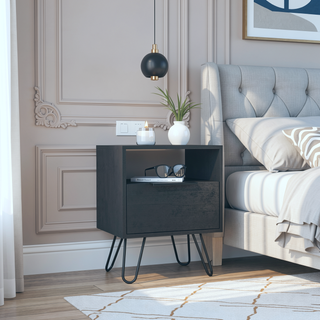 Sunvega Vienna Nightstand with Single Door Cabinet and Two Shelves on Hairpin Legs