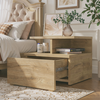 Sunvega Macadamia 2-Tier Shelf Floating Nightstand with Wall-Mount for Bedroom Storage