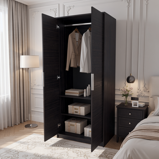 Sunvega Rich Wengue 2-Door Wardrobe with Shelves Hanging Rod and Shoe Rack