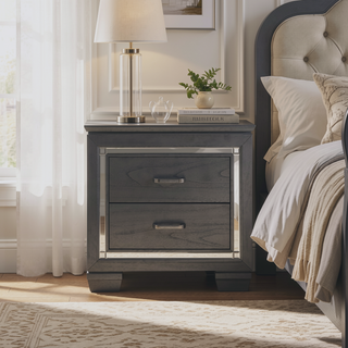 Sunvega Silver Faux Alligator Embossed Nightstand with 2 Dovetail Drawers and LED Lighting