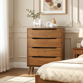 Sunvega Mid-Century Modern Black Chest with 4 Recessed Handle Drawers and Tapered Legs