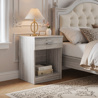 Sunvega Modern Light Gray Nightstand with One Drawer and Spacious Open Shelf