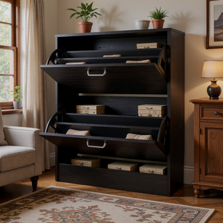 Sunvega 31.5" H 2 Door Black Wengue Engineered Wood Shoe Rack for Bedroom