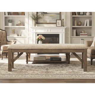 Sunvega Farmhouse Dining Bench with Tan Textured Fabric Upholstery and Foam Padding