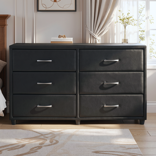 Sunvega Black Faux Leather Nightstand with Two Drawers and Silver Bar Pulls