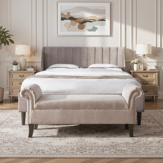 Sunvega Kathy Roll Arm Accent Bench with Nailhead Trim in Sky Neutral Beige