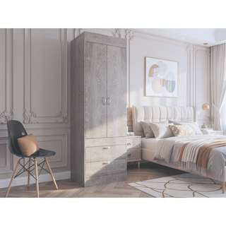 Sunvega Double Door Cabinet with Two Drawers and Integrated Hanging Rod for Bedroom