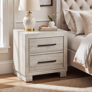 Sunvega Modern Gray Finish Two-Drawer Nightstand with Antique Brass Pulls