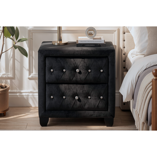 Sunvega Cream Velvet Upholstered Nightstand with Crystal Tufted Design and Two Drawers